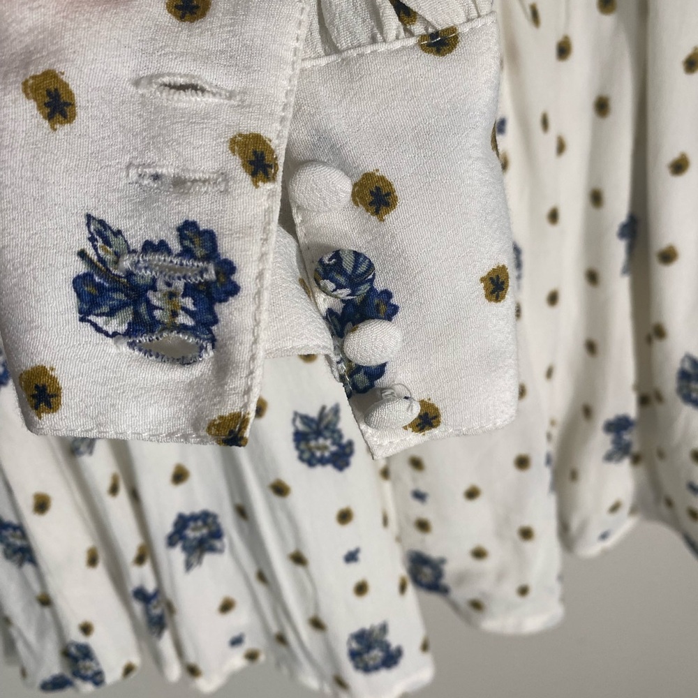 Free People Floral Two Faces Mini Dress Sz S White Smocked Long Sleeve Flowy - Picture 7 of 12